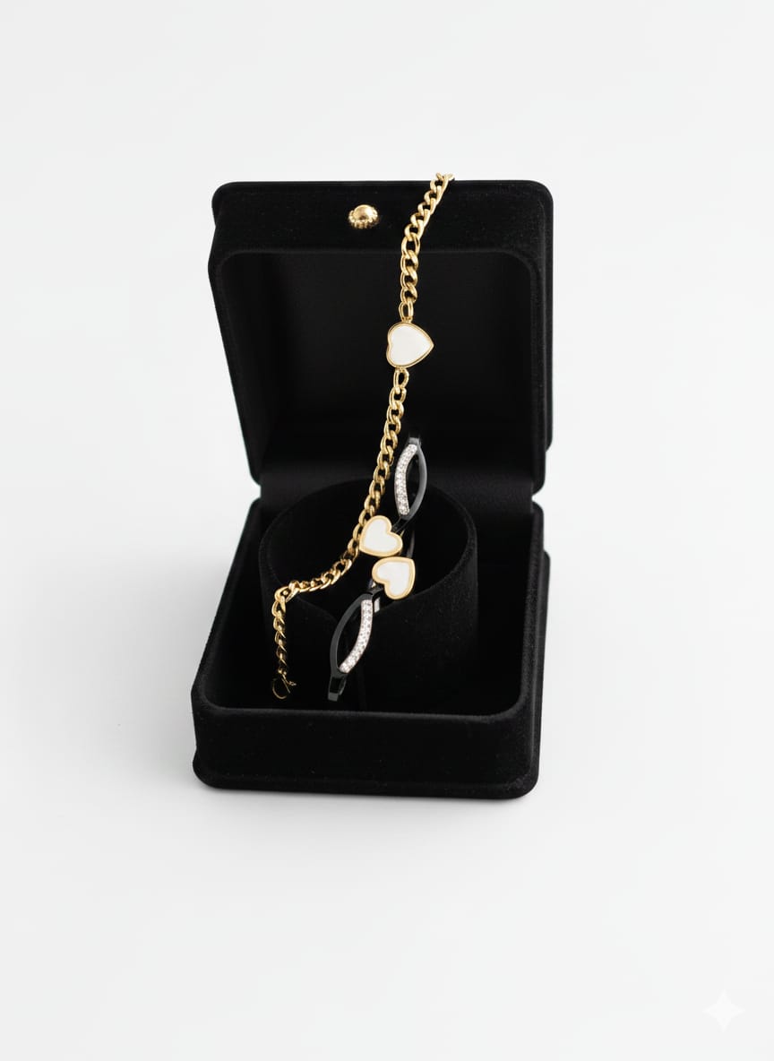 Elegant Golden Heart Bracelet & Diamond Bangle Set (Stainless Steel)