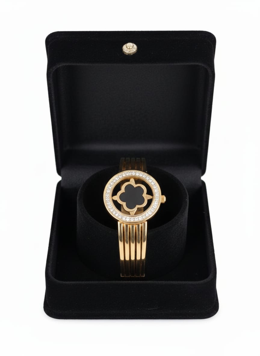 Gold-Tone Diamond Black Stone Bangle