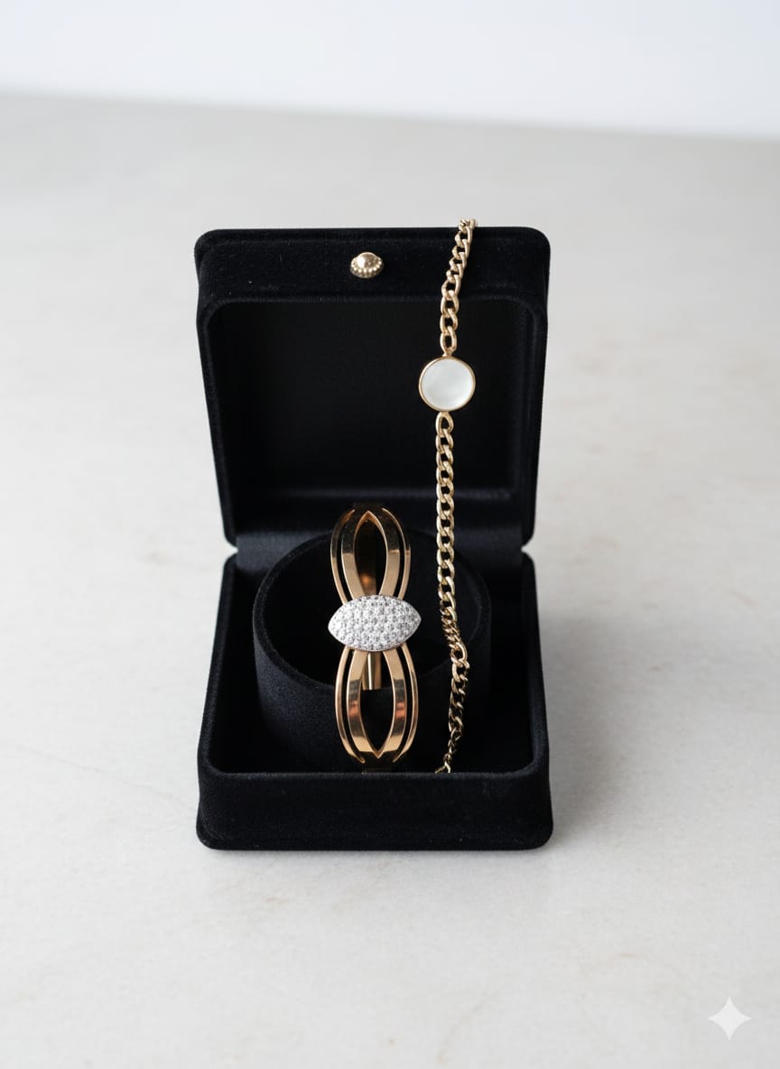 Dazzling Stainless Steel Bangle & Bracelet Set - Diamond Accent